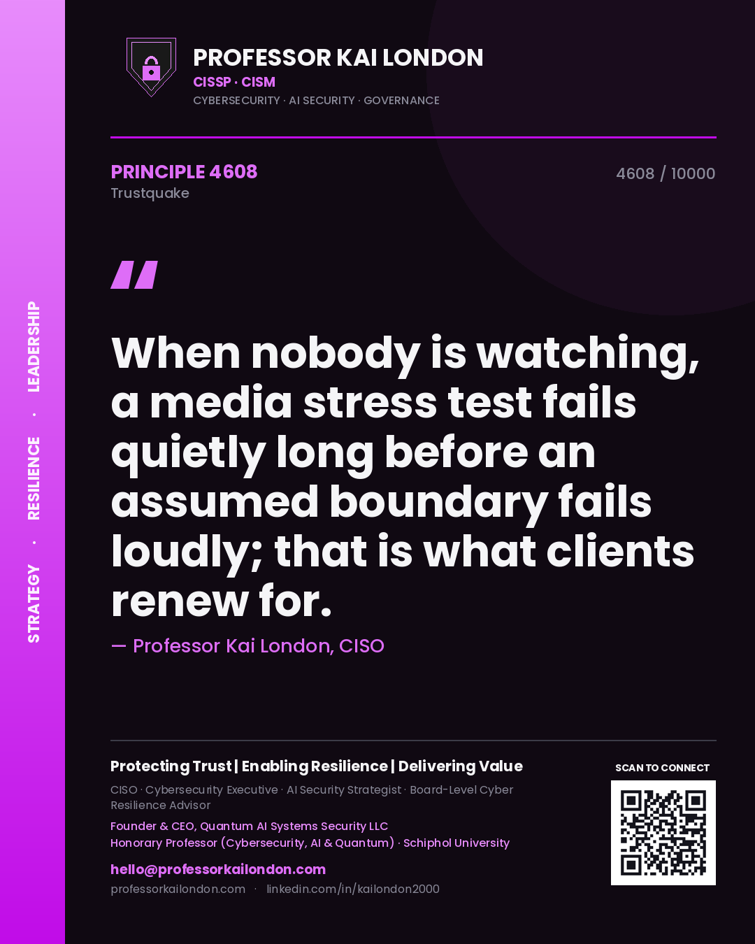 Quote card by Professor Kai London reading 'When nobody is watching, a media stress test fails quietly long before an assumed boundary fails loudly; that is what clients renew for.'. From the book Trustquake.