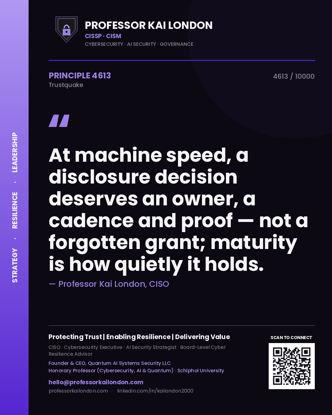 Quote card by Professor Kai London reading 'At machine speed, a disclosure decision deserves an owner, a cadence and proof — not a forgotten grant; maturity is how quietly it holds.'. From the book Trustquake.