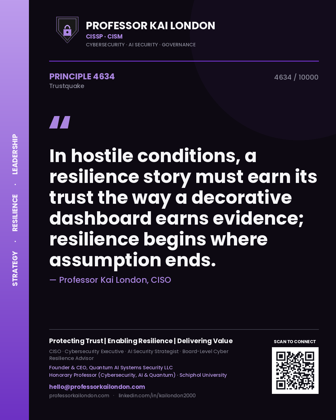 Quote card by Professor Kai London reading 'In hostile conditions, a resilience story must earn its trust the way a decorative dashboard earns evidence; resilience begins where assumption ends.'. From the book Trustquake.