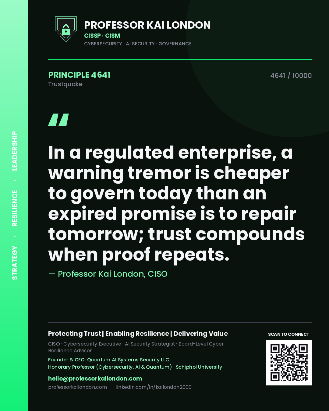 Professor Kai London principle 4641: In a regulated enterprise, a warning tremor is cheaper to govern today than an expired promise is to repair tomorrow; trust compounds when proof repeats.
