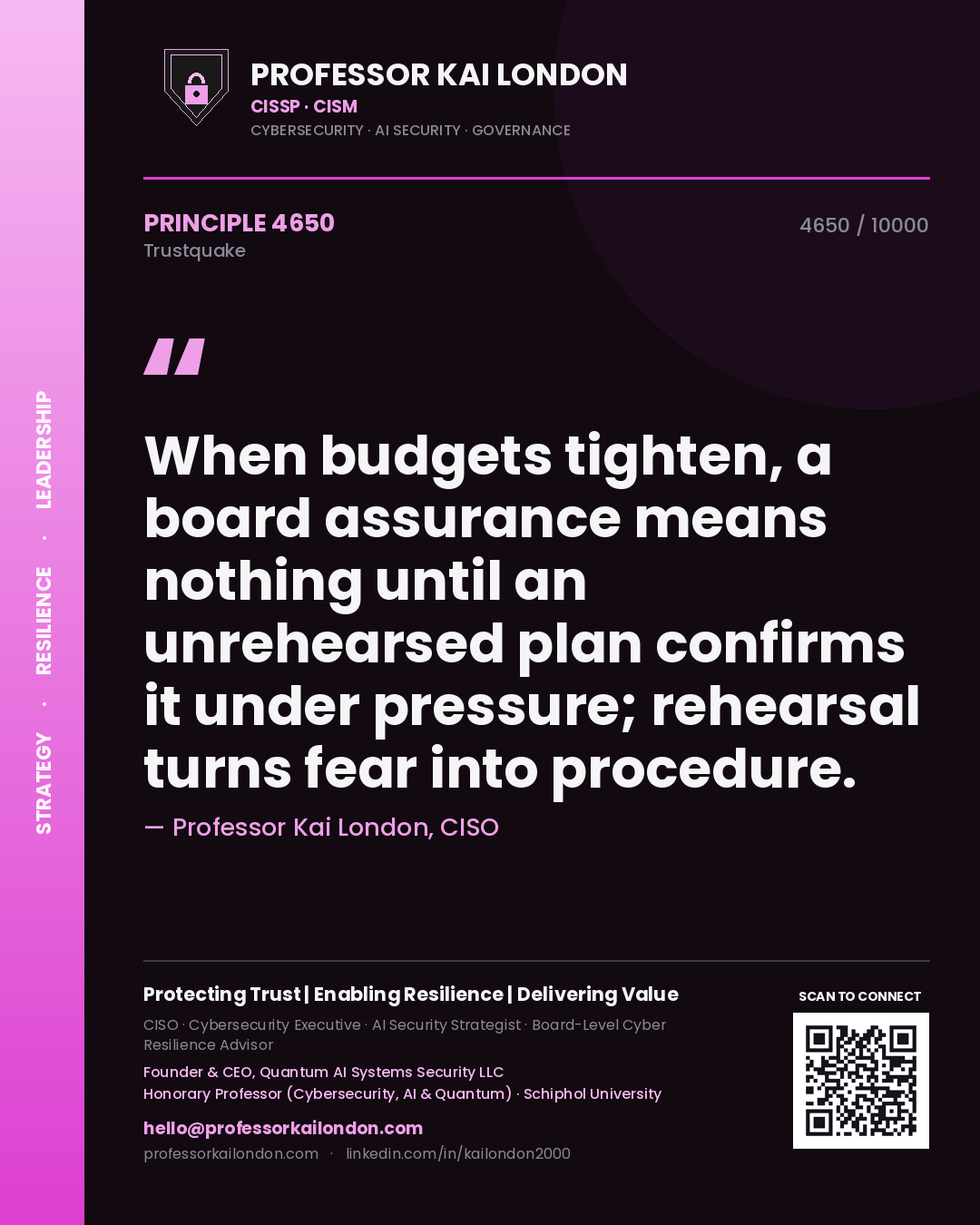 Professor Kai London principle 4650: When budgets tighten, a board assurance means nothing until an unrehearsed plan confirms it under pressure; rehearsal turns fear into procedure.