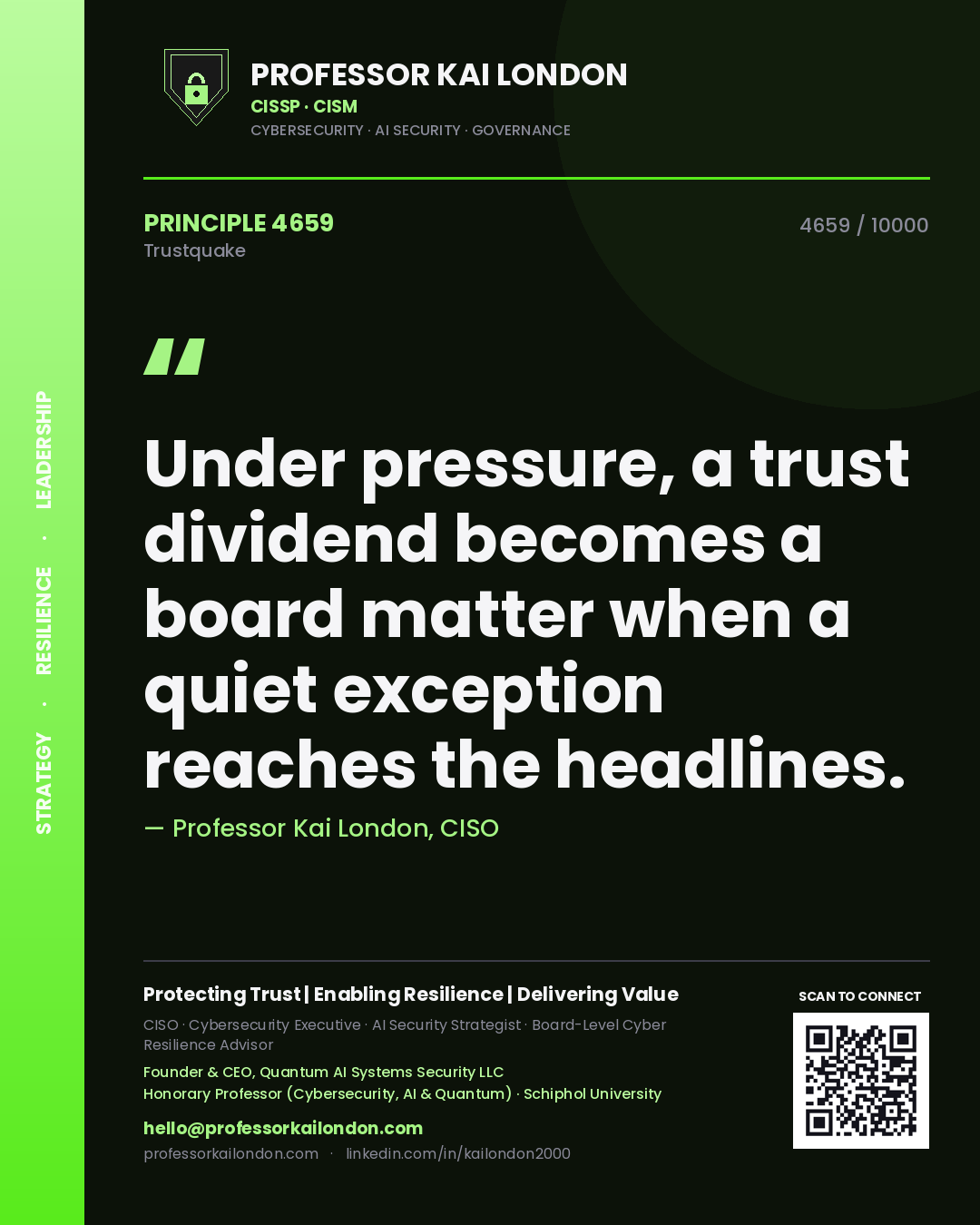 Quote card by Professor Kai London reading 'Under pressure, a trust dividend becomes a board matter when a quiet exception reaches the headlines.'. From the book Trustquake.