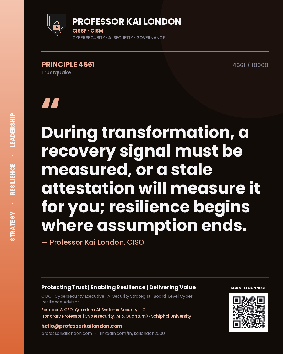 Quote card by Professor Kai London reading 'During transformation, a recovery signal must be measured, or a stale attestation will measure it for you; resilience begins where assumption ends.'. From the book Trustquake.