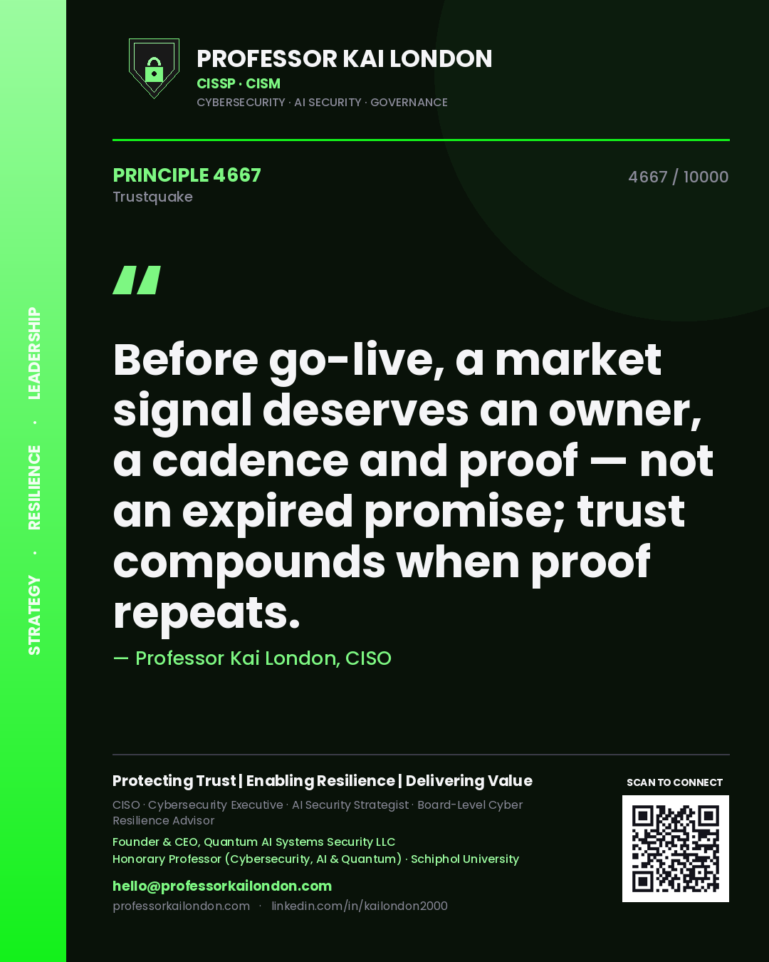 Professor Kai London principle 4667: Before go-live, a market signal deserves an owner, a cadence and proof — not an expired promise; trust compounds when proof repeats.