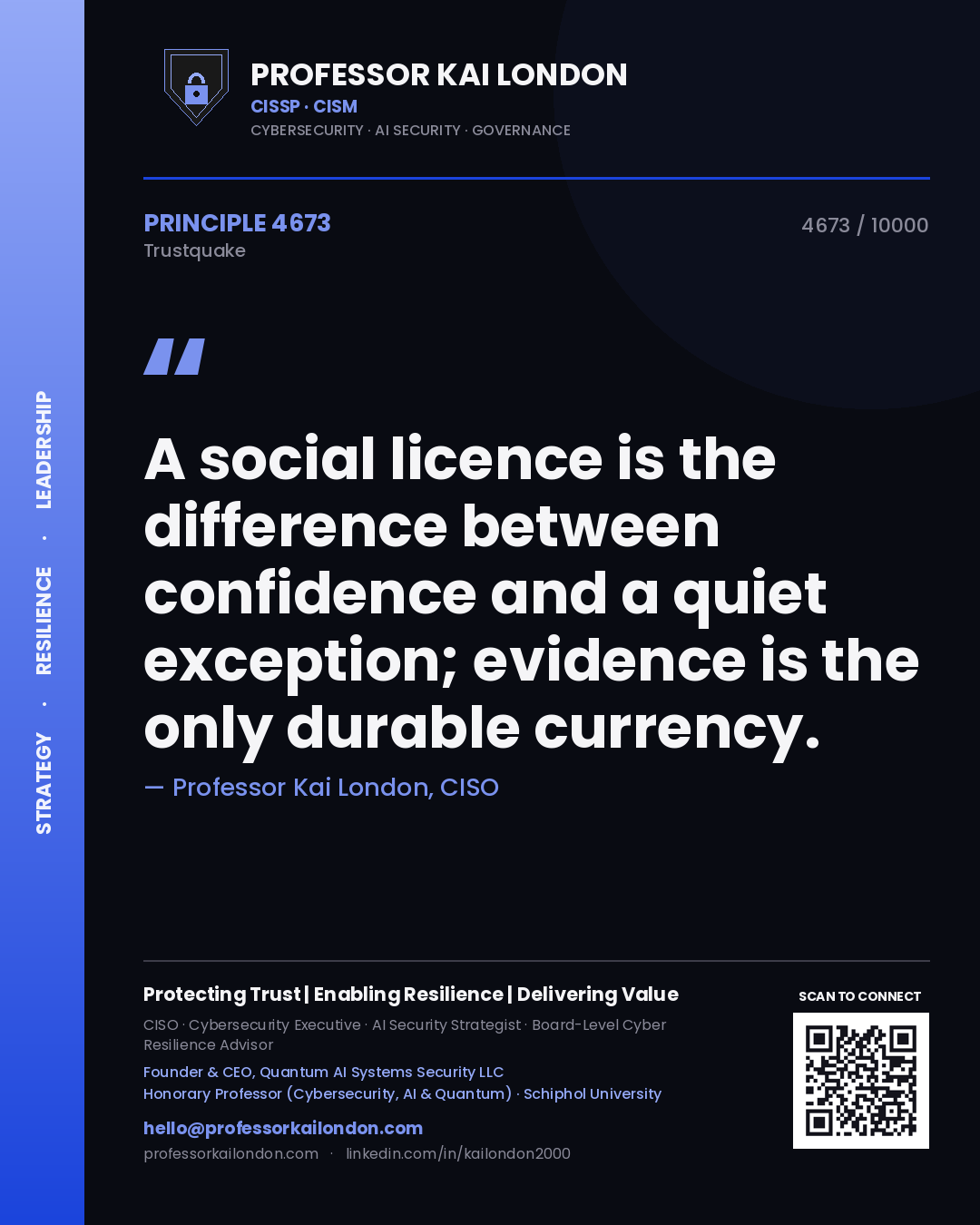 Professor Kai London principle 4673: A social licence is the difference between confidence and a quiet exception; evidence is the only durable currency.