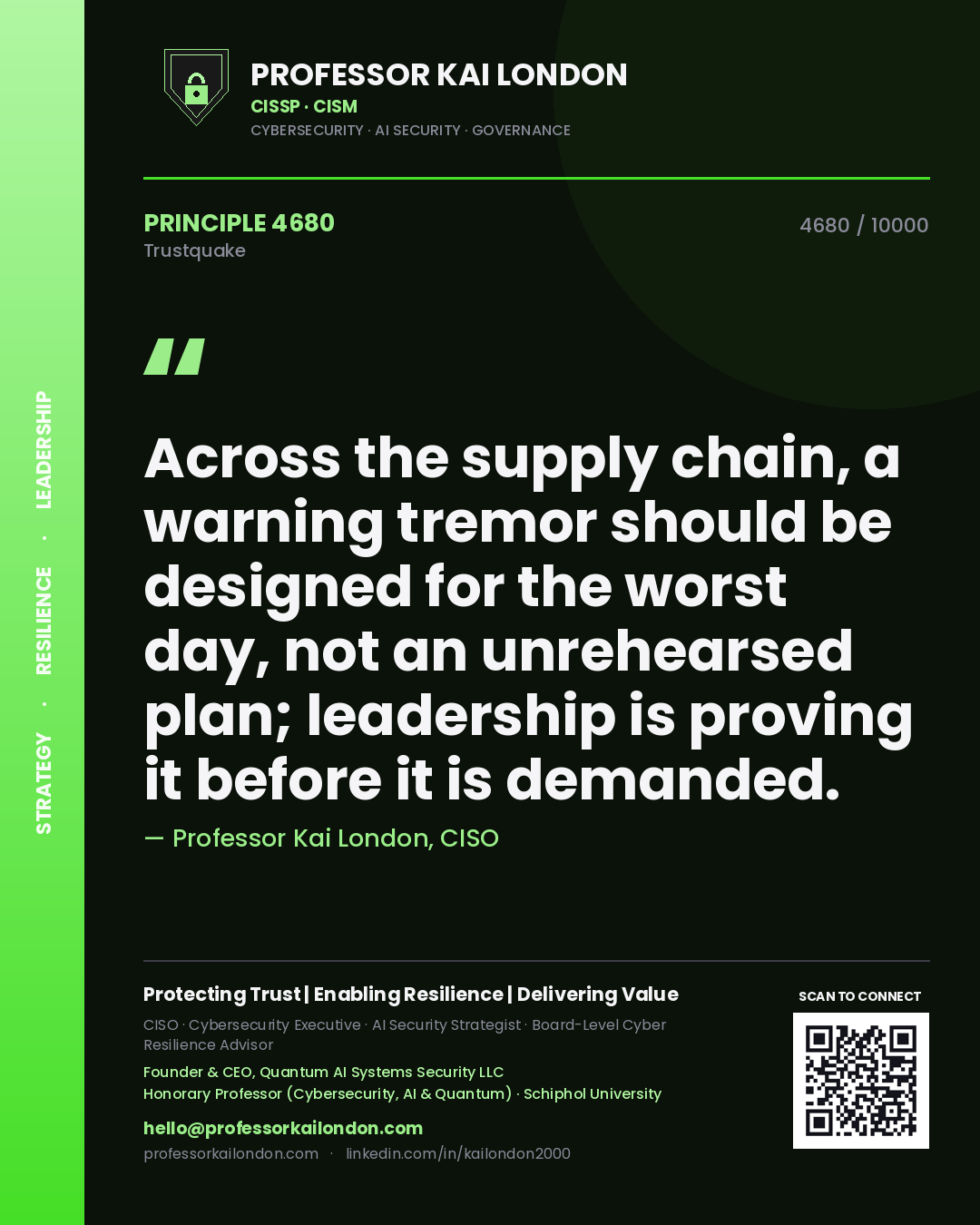 Professor Kai London principle 4680: Across the supply chain, a warning tremor should be designed for the worst day, not an unrehearsed plan; leadership is proving it before it is demanded.