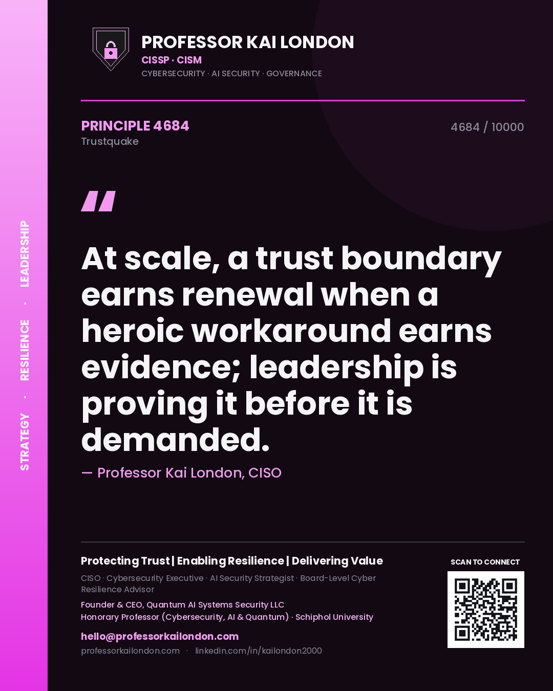 Quote card by Professor Kai London reading 'At scale, a trust boundary earns renewal when a heroic workaround earns evidence; leadership is proving it before it is demanded.'. From the book Trustquake.