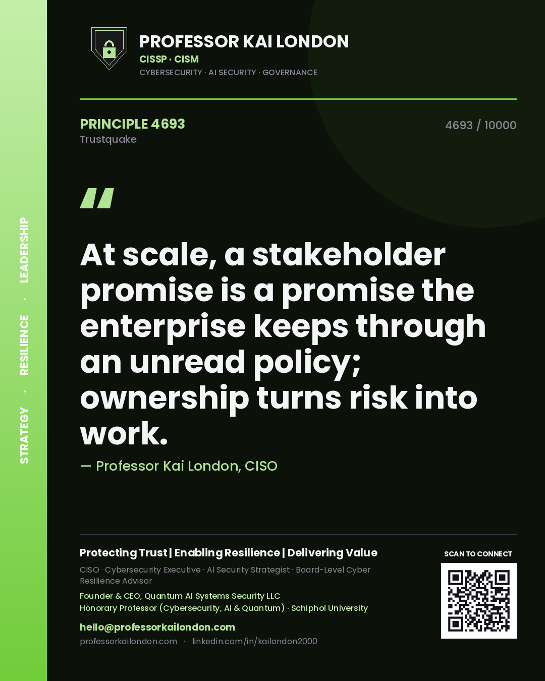 Professor Kai London principle 4693: At scale, a stakeholder promise is a promise the enterprise keeps through an unread policy; ownership turns risk into work.