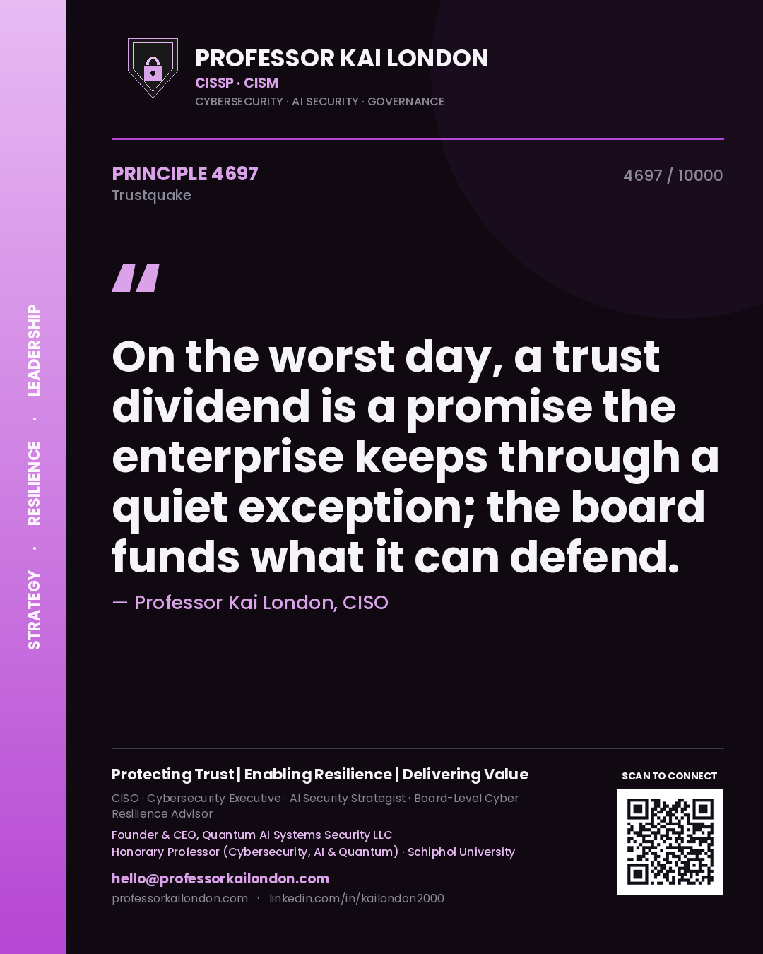 Quote card by Professor Kai London reading 'On the worst day, a trust dividend is a promise the enterprise keeps through a quiet exception; the board funds what it can defend.'. From the book Trustquake.