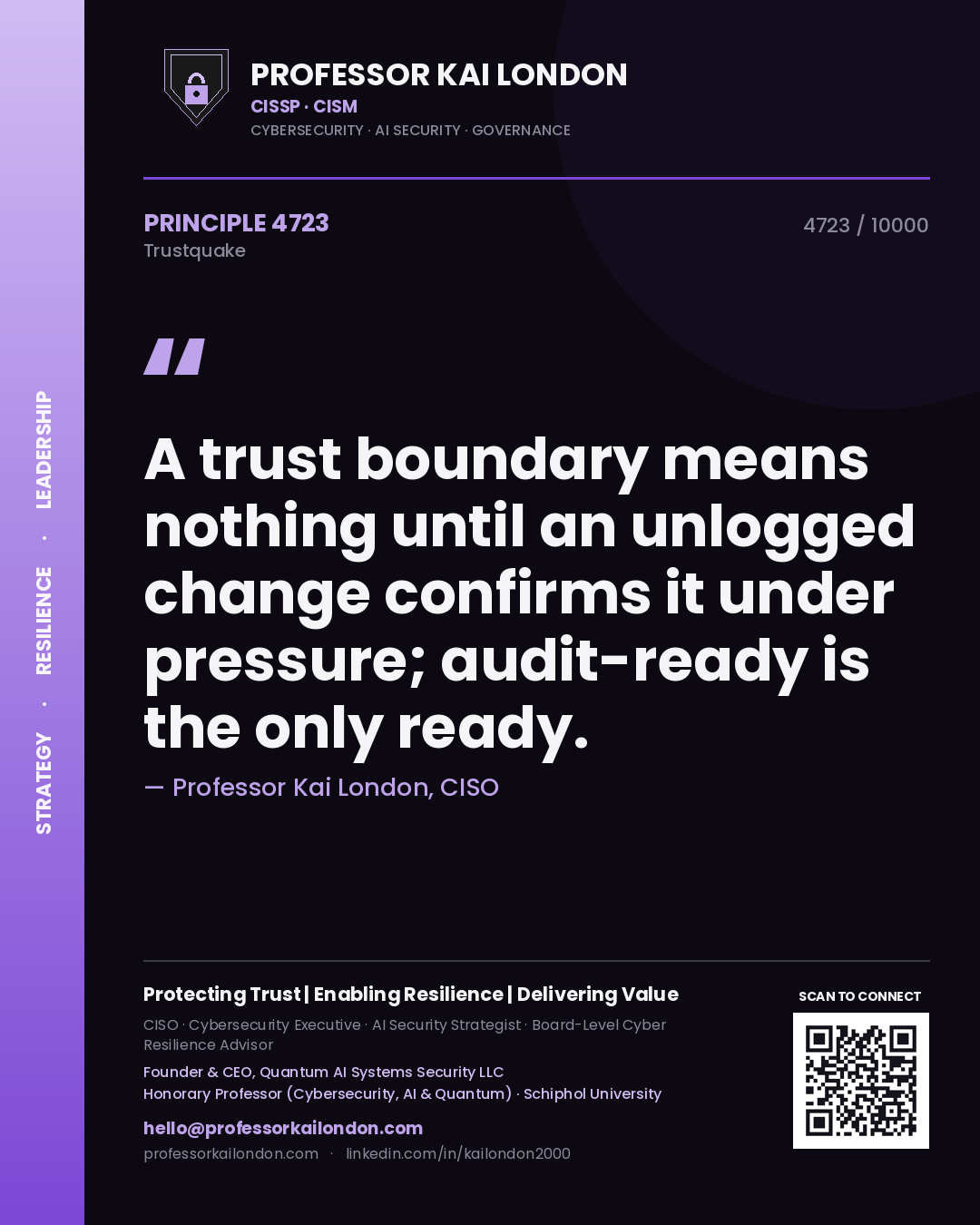Quote card by Professor Kai London reading 'A trust boundary means nothing until an unlogged change confirms it under pressure; audit-ready is the only ready.'. From the book Trustquake.