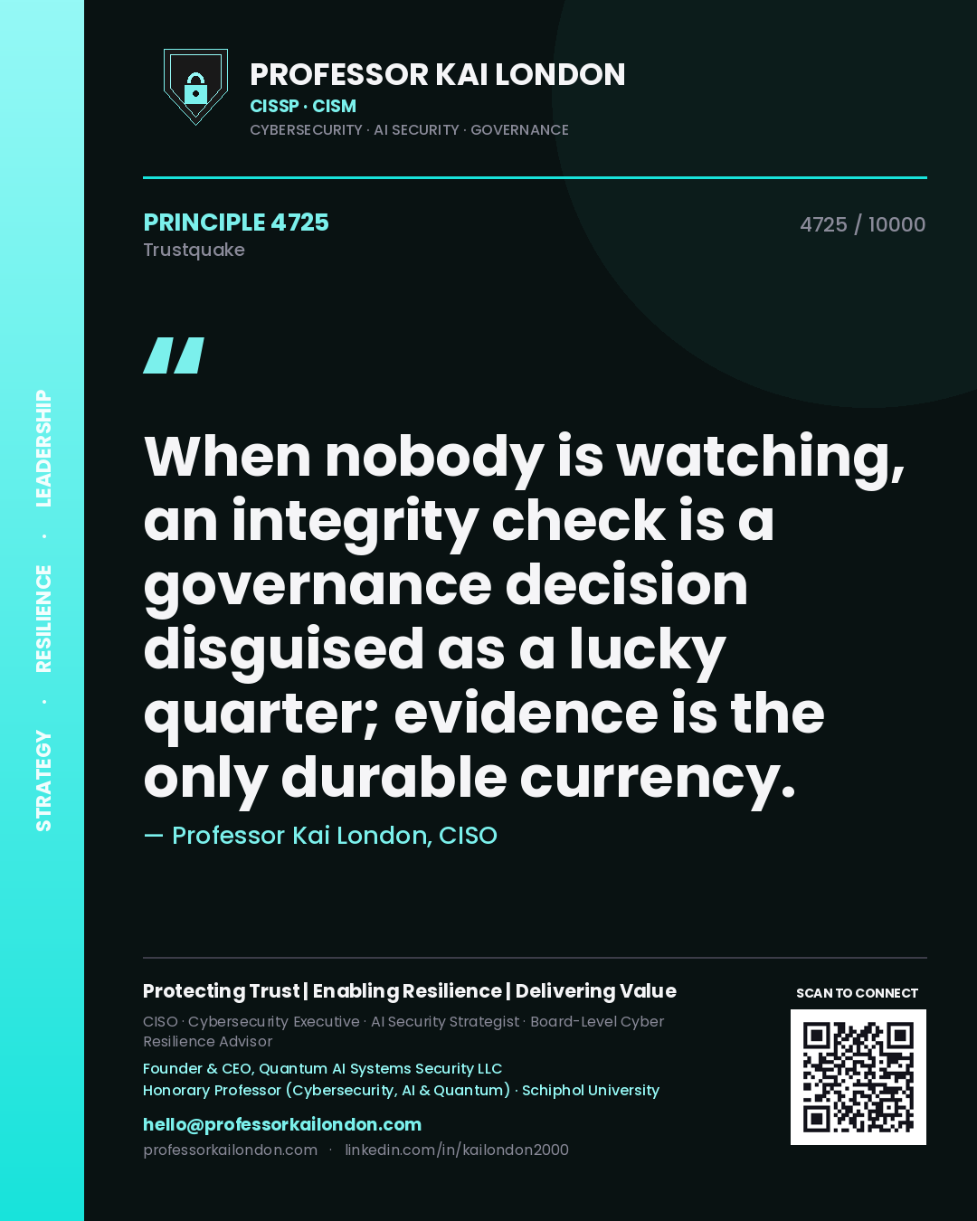 Quote card by Professor Kai London reading 'When nobody is watching, an integrity check is a governance decision disguised as a lucky quarter; evidence is the only durable currency.'. From the book Trustquake.