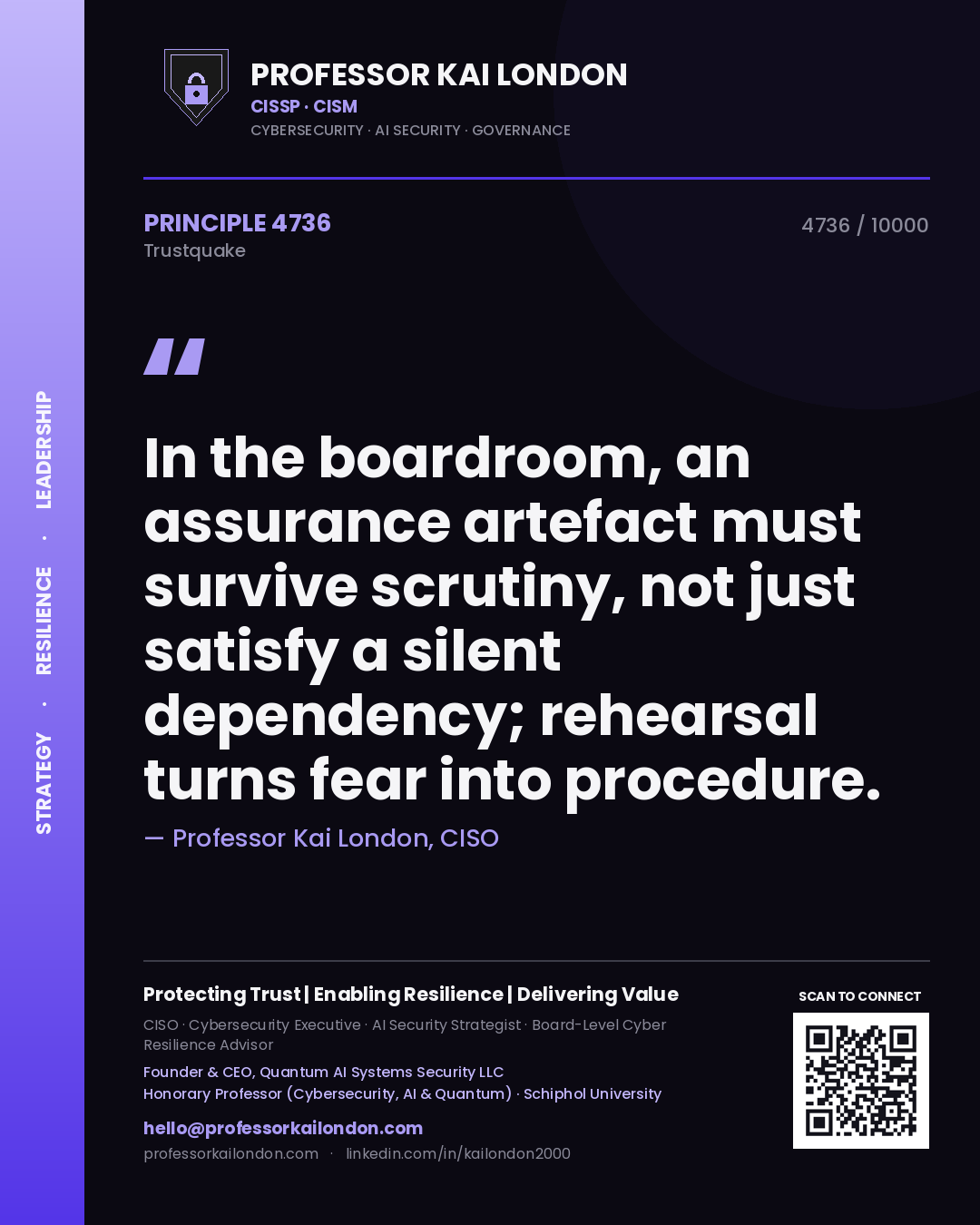 Professor Kai London principle 4736: In the boardroom, an assurance artefact must survive scrutiny, not just satisfy a silent dependency; rehearsal turns fear into procedure.