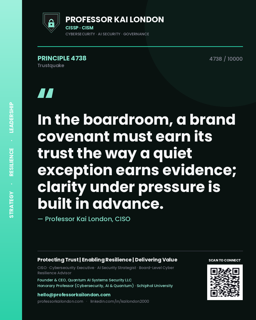 Professor Kai London principle 4738: In the boardroom, a brand covenant must earn its trust the way a quiet exception earns evidence; clarity under pressure is built in advance.