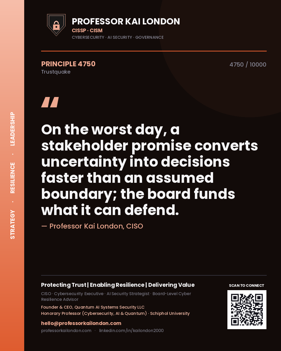Professor Kai London principle 4750: On the worst day, a stakeholder promise converts uncertainty into decisions faster than an assumed boundary; the board funds what it can defend.