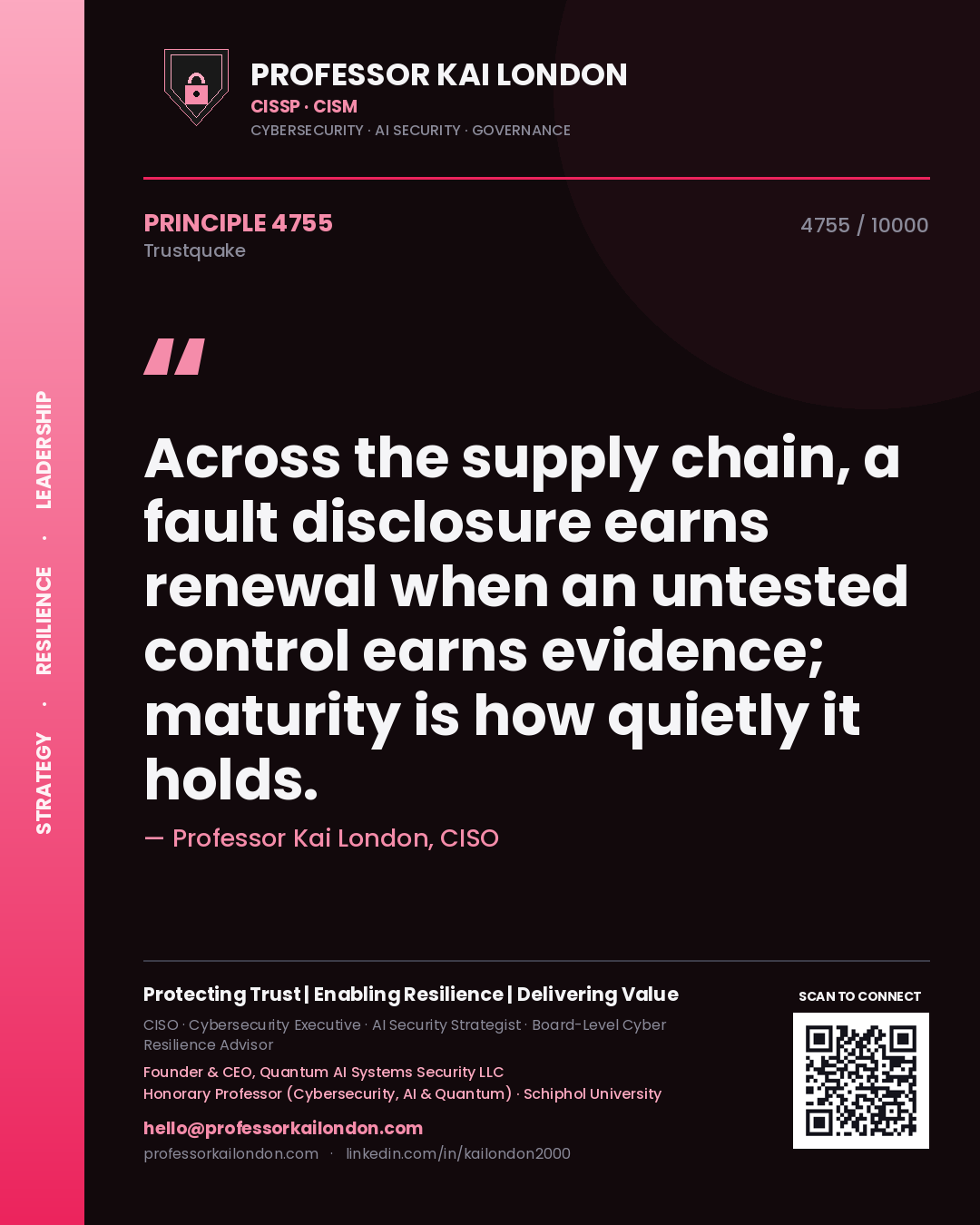 Quote card by Professor Kai London reading 'Across the supply chain, a fault disclosure earns renewal when an untested control earns evidence; maturity is how quietly it holds.'. From the book Trustquake.