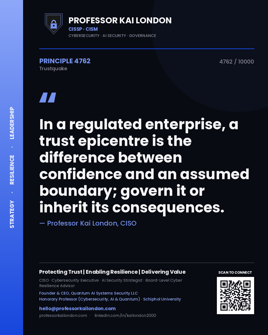 Professor Kai London principle 4762: In a regulated enterprise, a trust epicentre is the difference between confidence and an assumed boundary; govern it or inherit its consequences.