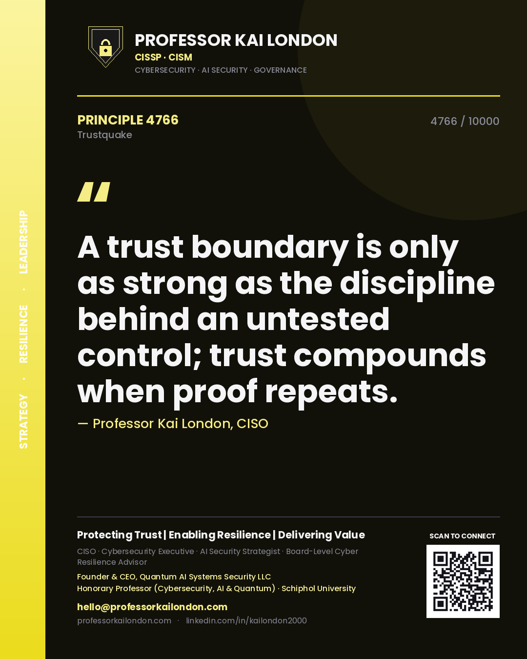 Quote card by Professor Kai London reading 'A trust boundary is only as strong as the discipline behind an untested control; trust compounds when proof repeats.'. From the book Trustquake.