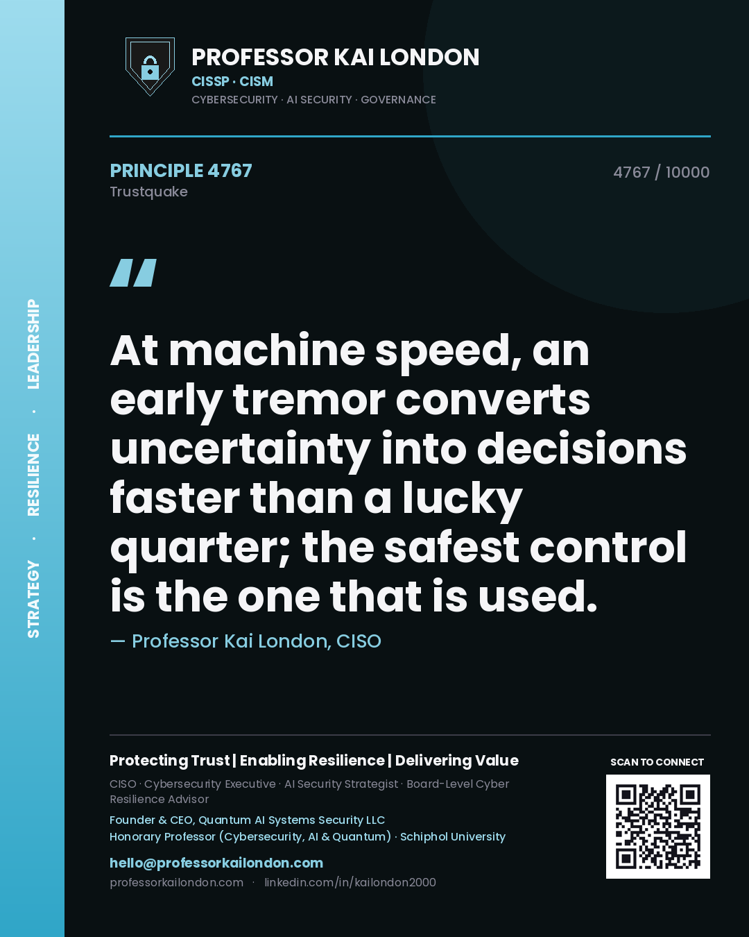 Quote card by Professor Kai London reading 'At machine speed, an early tremor converts uncertainty into decisions faster than a lucky quarter; the safest control is the one that is used.'. From the book Trustquake.