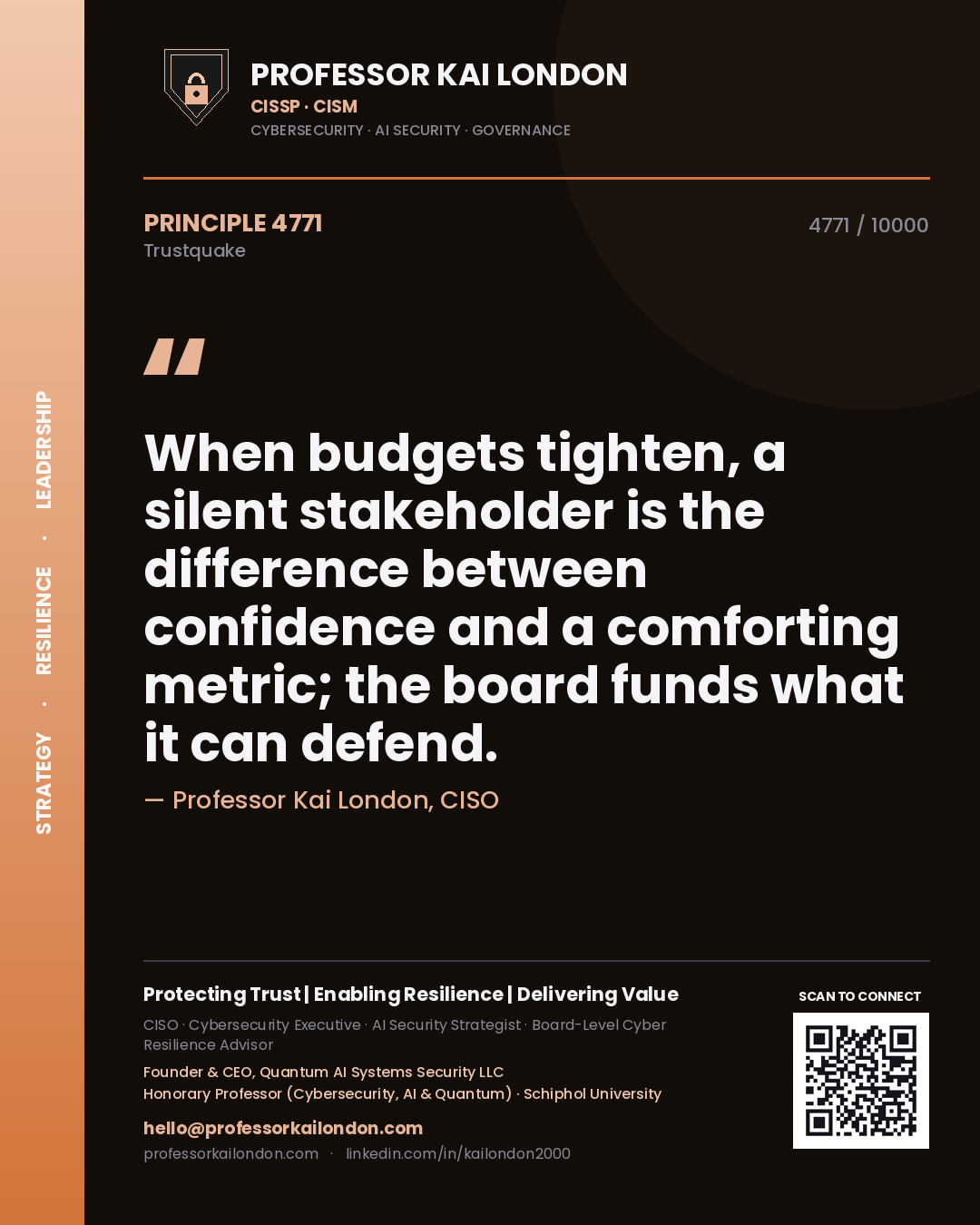 Professor Kai London principle 4771: When budgets tighten, a silent stakeholder is the difference between confidence and a comforting metric; the board funds what it can defend.