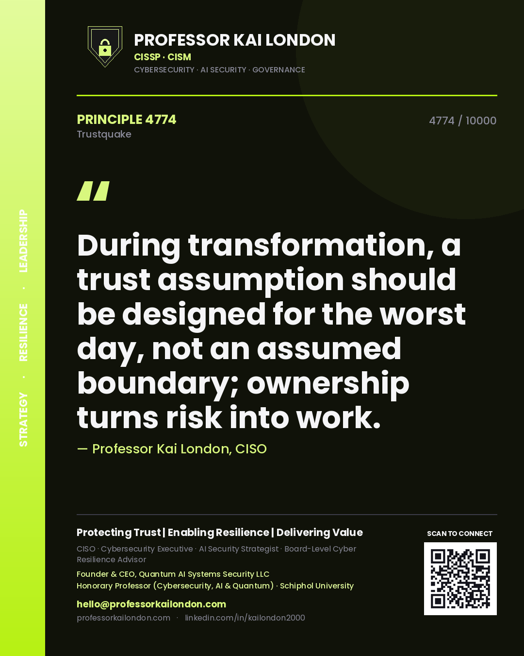Professor Kai London principle 4774: During transformation, a trust assumption should be designed for the worst day, not an assumed boundary; ownership turns risk into work.