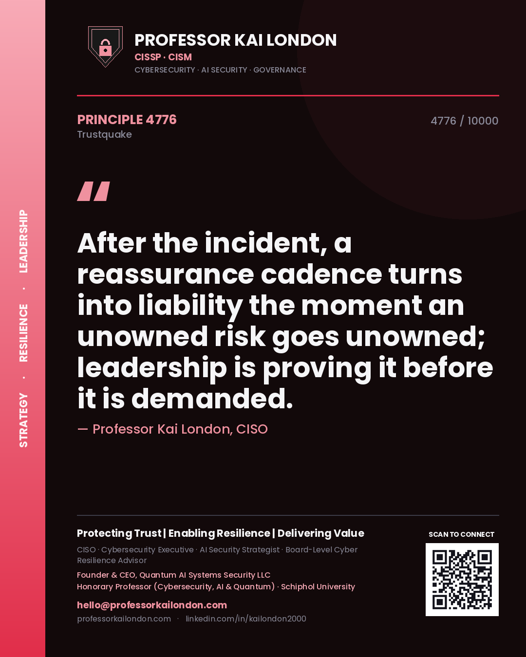 Professor Kai London principle 4776: After the incident, a reassurance cadence turns into liability the moment an unowned risk goes unowned; leadership is proving it before it is demanded.