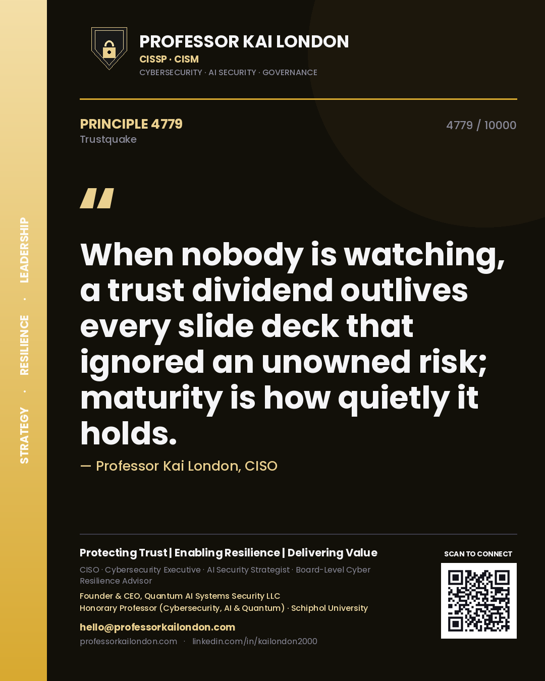 Professor Kai London principle 4779: When nobody is watching, a trust dividend outlives every slide deck that ignored an unowned risk; maturity is how quietly it holds.