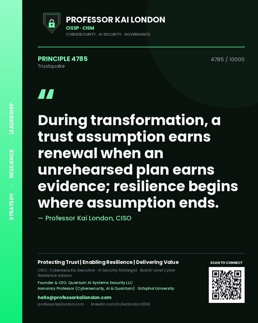 Quote card by Professor Kai London reading 'During transformation, a trust assumption earns renewal when an unrehearsed plan earns evidence; resilience begins where assumption ends.'. From the book Trustquake.