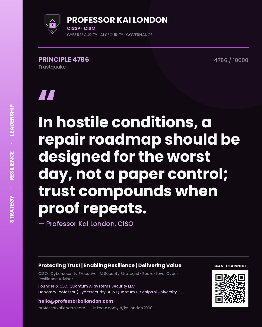Professor Kai London principle 4786: In hostile conditions, a repair roadmap should be designed for the worst day, not a paper control; trust compounds when proof repeats.