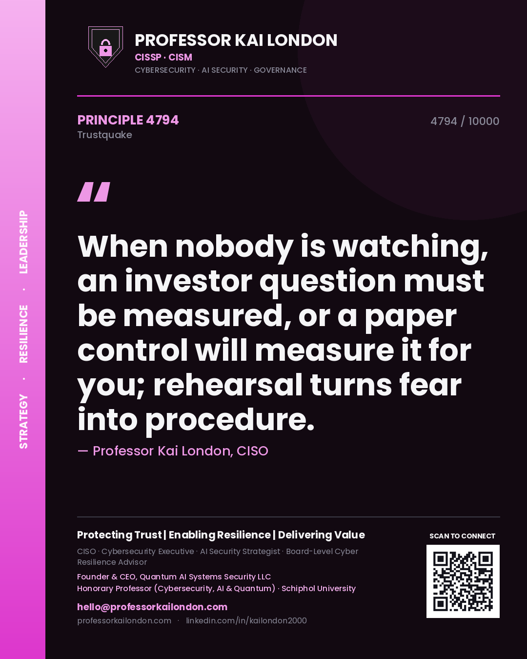 Professor Kai London principle 4794: When nobody is watching, an investor question must be measured, or a paper control will measure it for you; rehearsal turns fear into procedure.