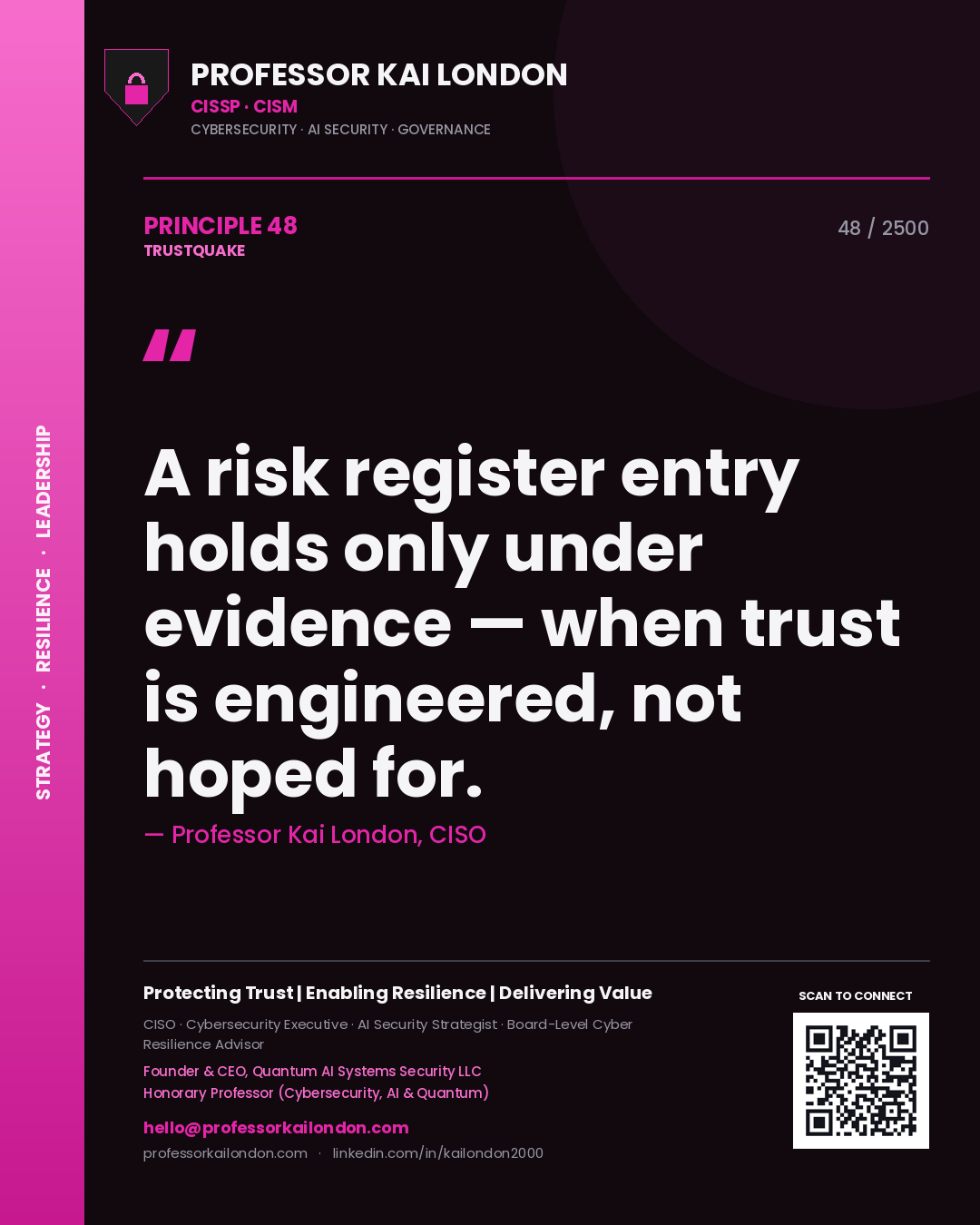 Professor Kai London principle 48: A risk register entry holds only under evidence — when trust is engineered, not hoped for.