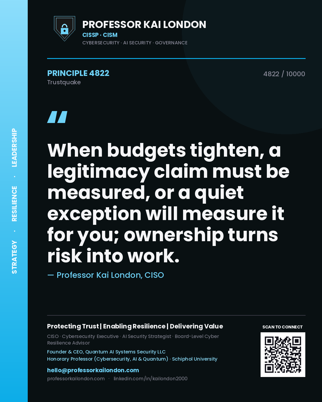 Quote card by Professor Kai London reading 'When budgets tighten, a legitimacy claim must be measured, or a quiet exception will measure it for you; ownership turns risk into work.'. From the book Trustquake.