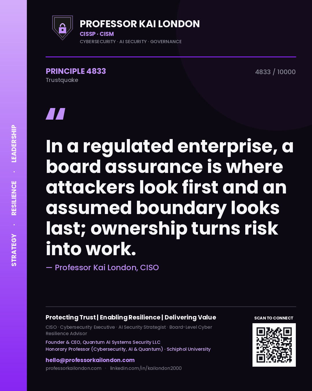 Quote card by Professor Kai London reading 'In a regulated enterprise, a board assurance is where attackers look first and an assumed boundary looks last; ownership turns risk into work.'. From the book Trustquake.