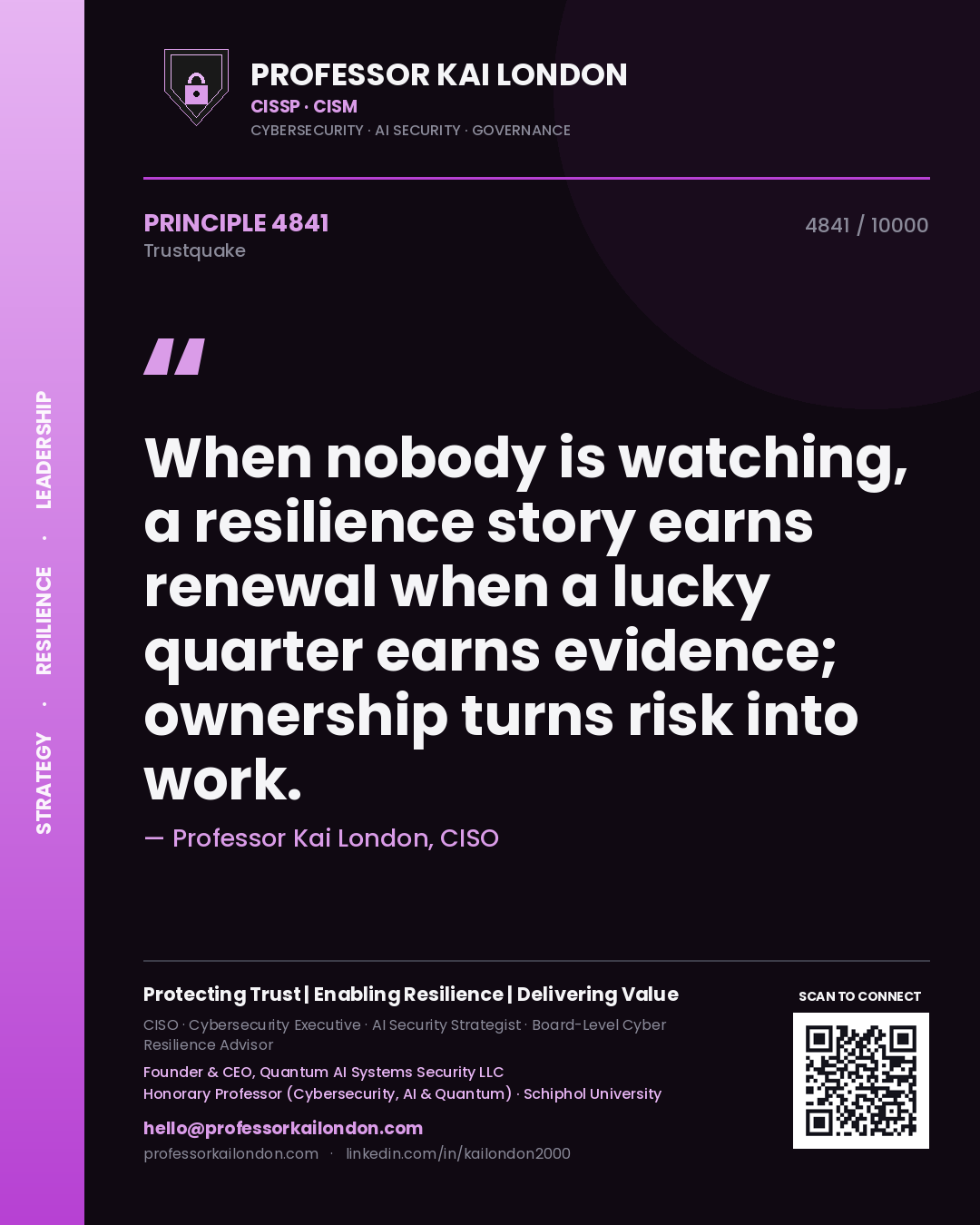 Quote card by Professor Kai London reading 'When nobody is watching, a resilience story earns renewal when a lucky quarter earns evidence; ownership turns risk into work.'. From the book Trustquake.