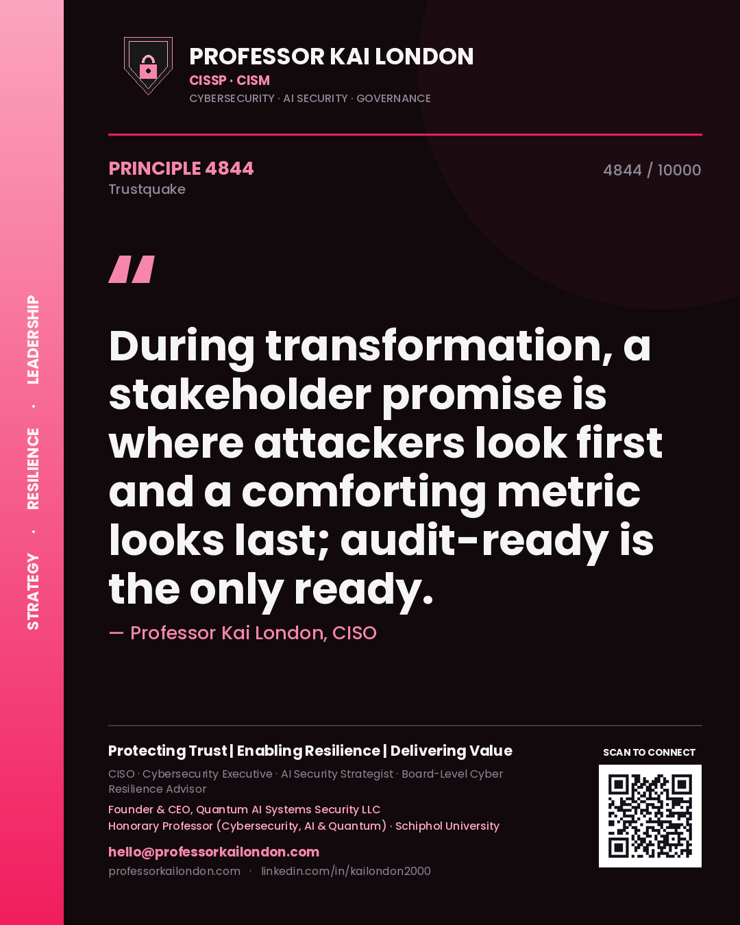 Quote card by Professor Kai London reading 'During transformation, a stakeholder promise is where attackers look first and a comforting metric looks last; audit-ready is the only ready.'. From the book Trustquake.