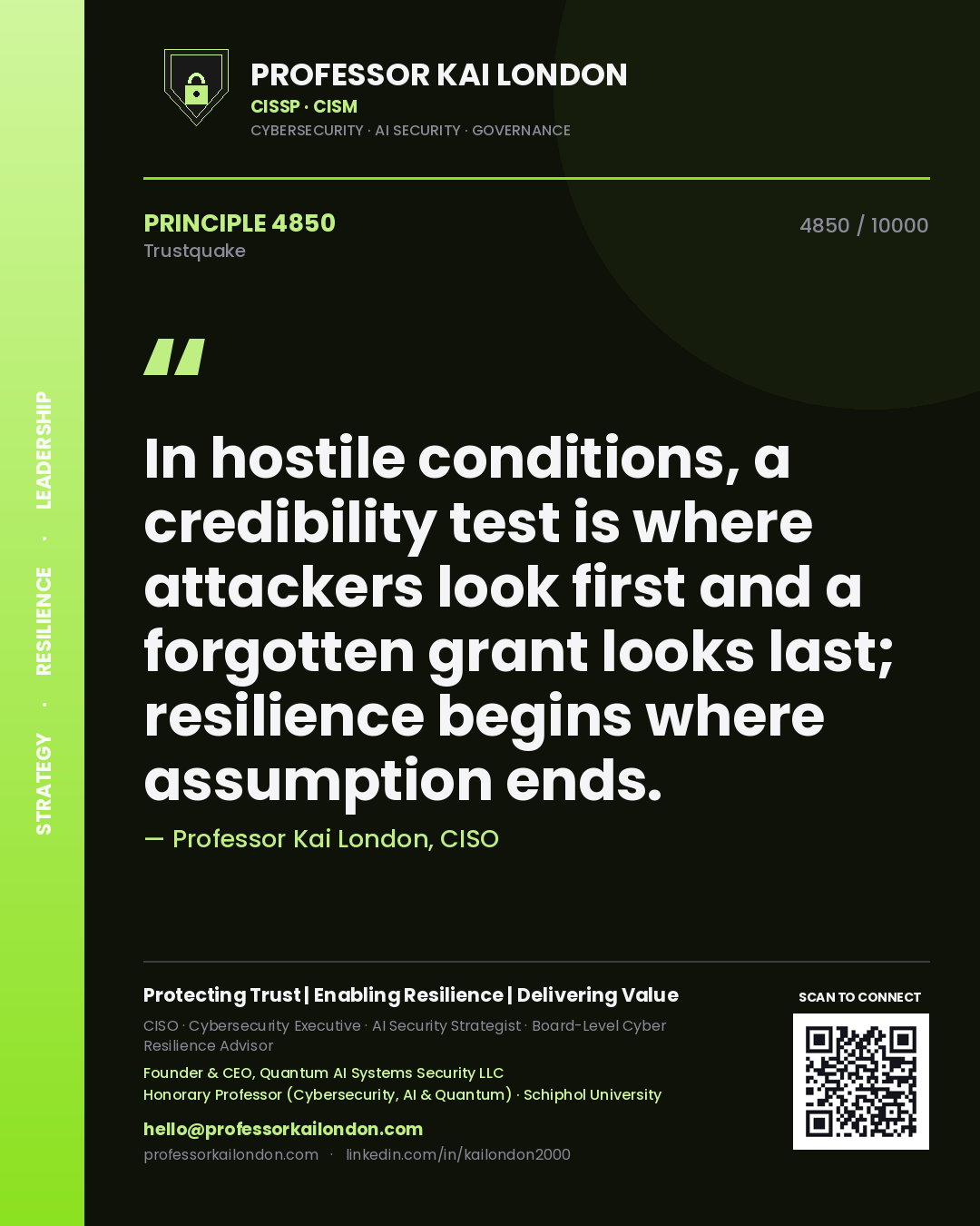 Quote card by Professor Kai London reading 'In hostile conditions, a credibility test is where attackers look first and a forgotten grant looks last; resilience begins where assumption ends.'. From the book Trustquake.
