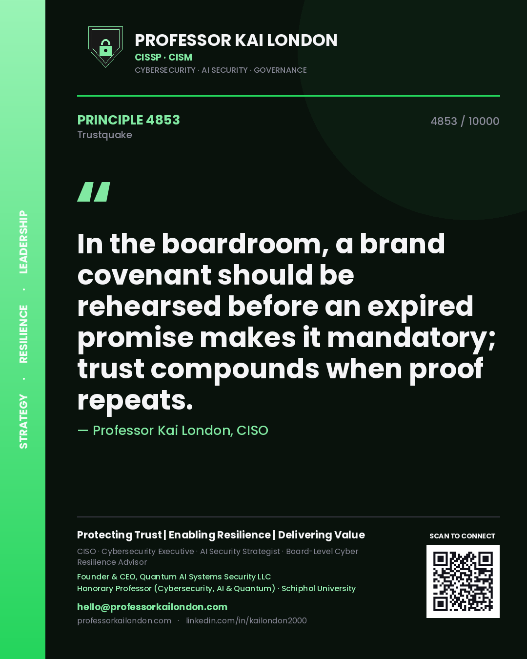 Quote card by Professor Kai London reading 'In the boardroom, a brand covenant should be rehearsed before an expired promise makes it mandatory; trust compounds when proof repeats.'. From the book Trustquake.
