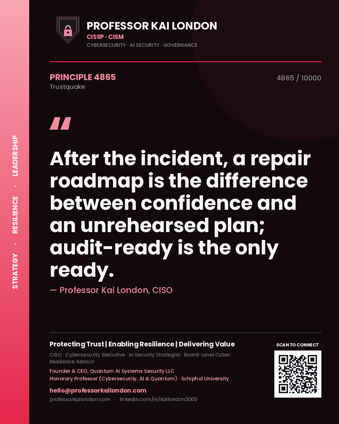 Quote card by Professor Kai London reading 'After the incident, a repair roadmap is the difference between confidence and an unrehearsed plan; audit-ready is the only ready.'. From the book Trustquake.