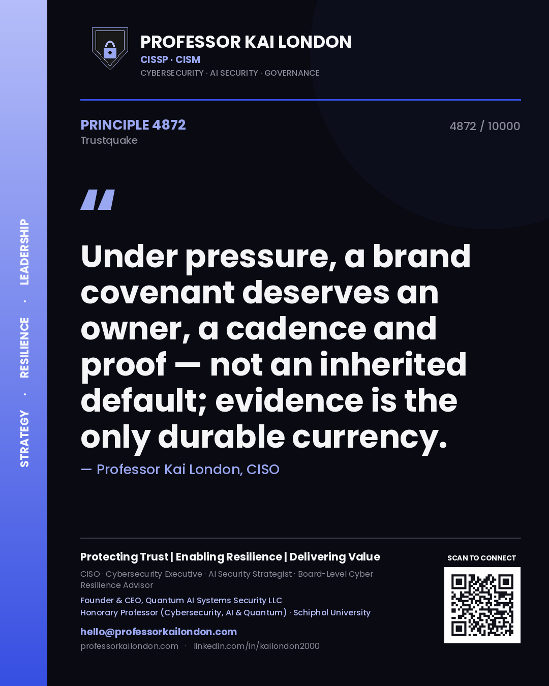 Quote card by Professor Kai London reading 'Under pressure, a brand covenant deserves an owner, a cadence and proof — not an inherited default; evidence is the only durable currency.'. From the book Trustquake.