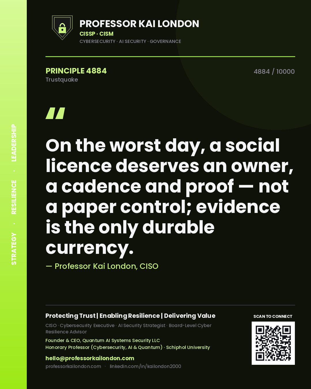 Quote card by Professor Kai London reading 'On the worst day, a social licence deserves an owner, a cadence and proof — not a paper control; evidence is the only durable currency.'. From the book Trustquake.