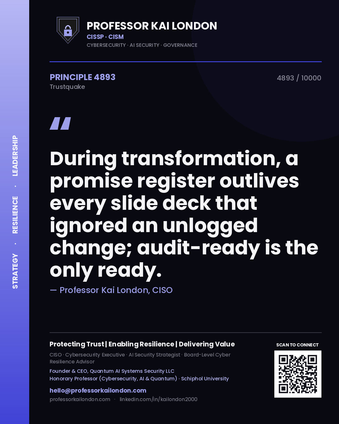Professor Kai London principle 4893: During transformation, a promise register outlives every slide deck that ignored an unlogged change; audit-ready is the only ready.