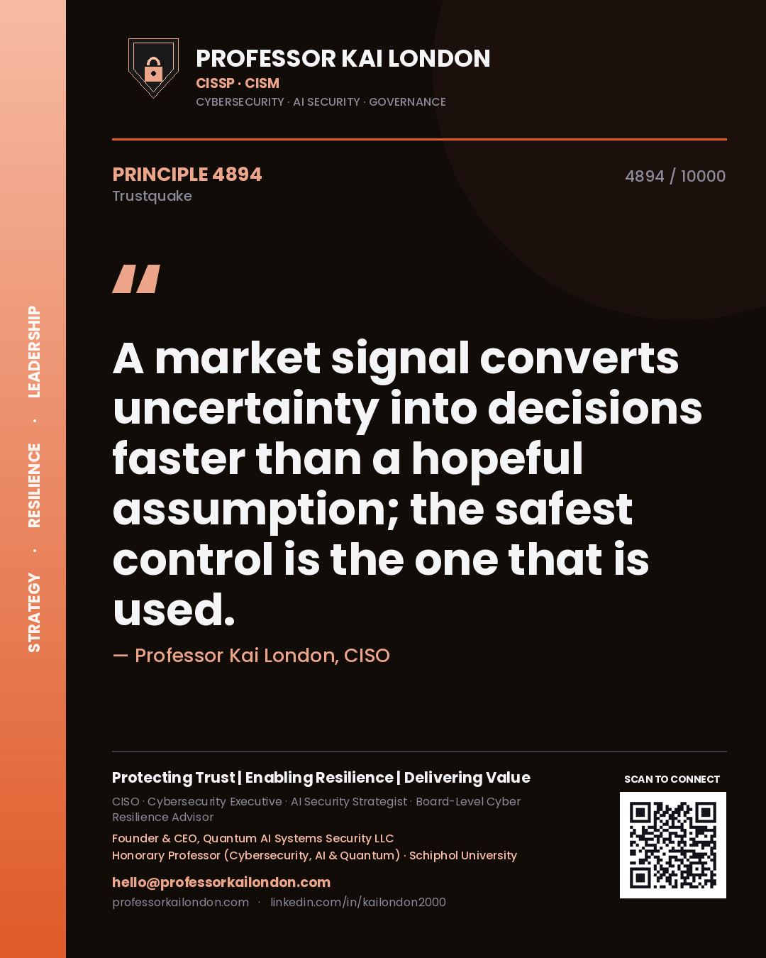 Quote card by Professor Kai London reading 'A market signal converts uncertainty into decisions faster than a hopeful assumption; the safest control is the one that is used.'. From the book Trustquake.