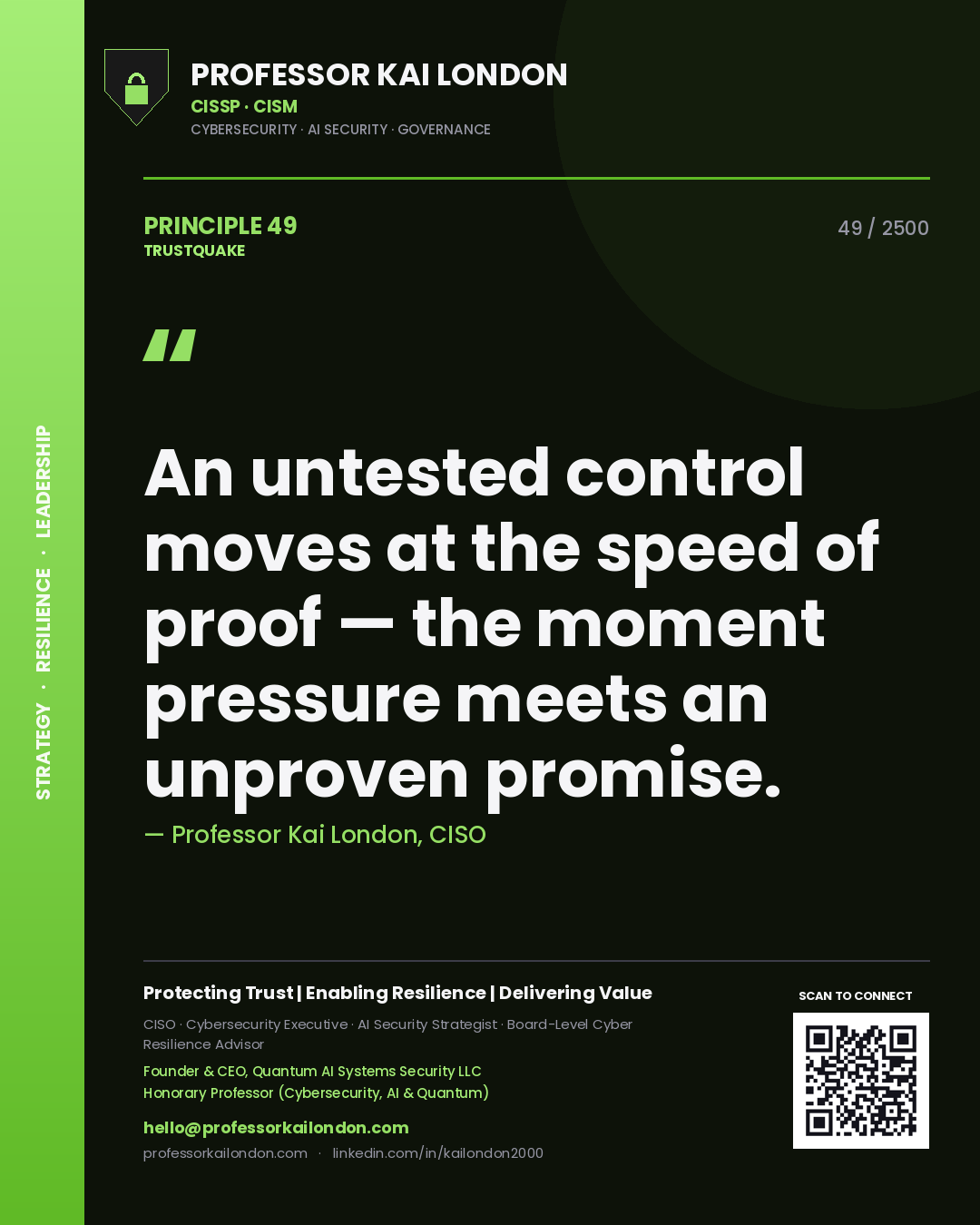 Quote card by Professor Kai London reading 'An untested control moves at the speed of proof — the moment pressure meets an unproven promise.'. From the book Trustquake.