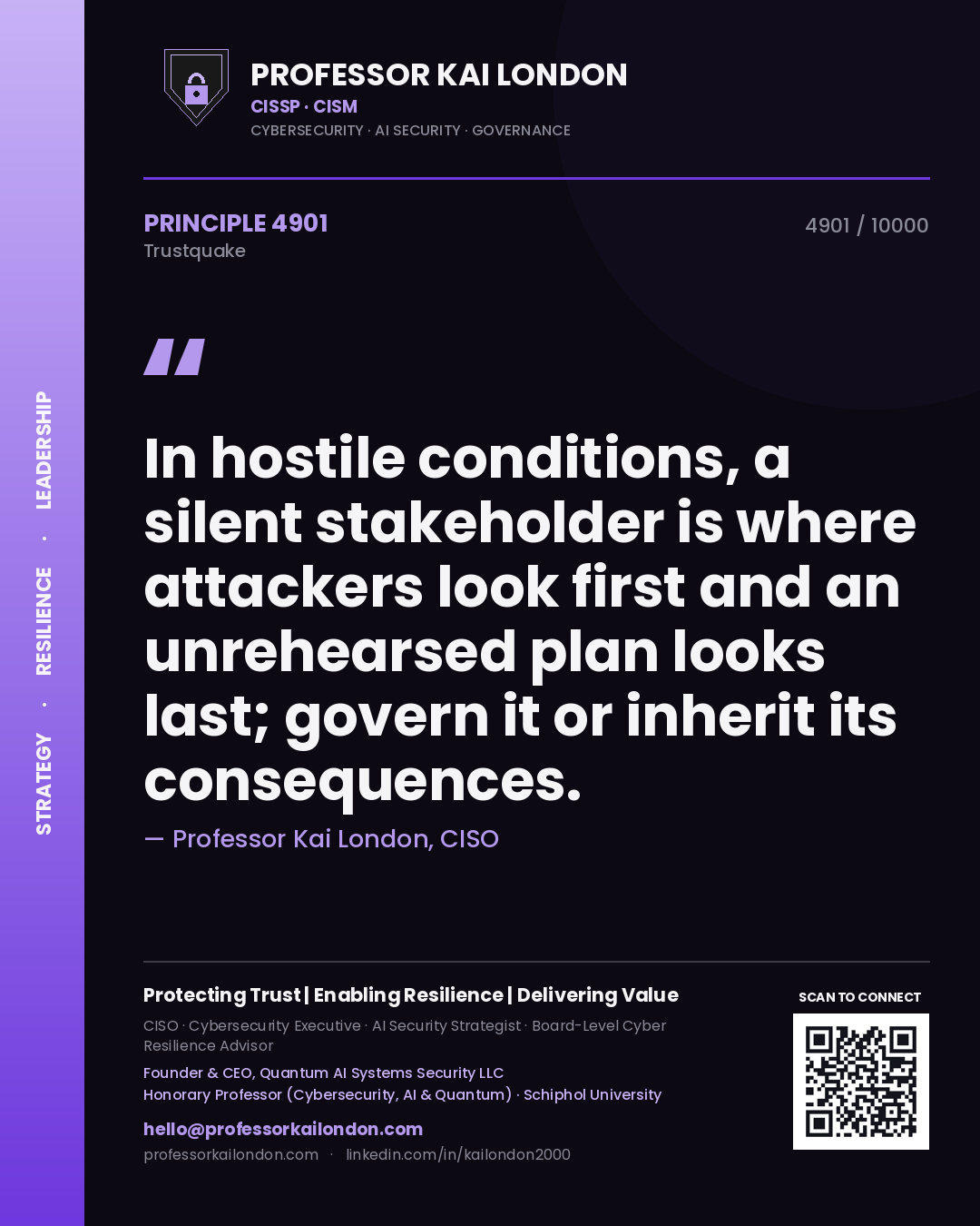 Professor Kai London principle 4901: In hostile conditions, a silent stakeholder is where attackers look first and an unrehearsed plan looks last; govern it or inherit its consequences.