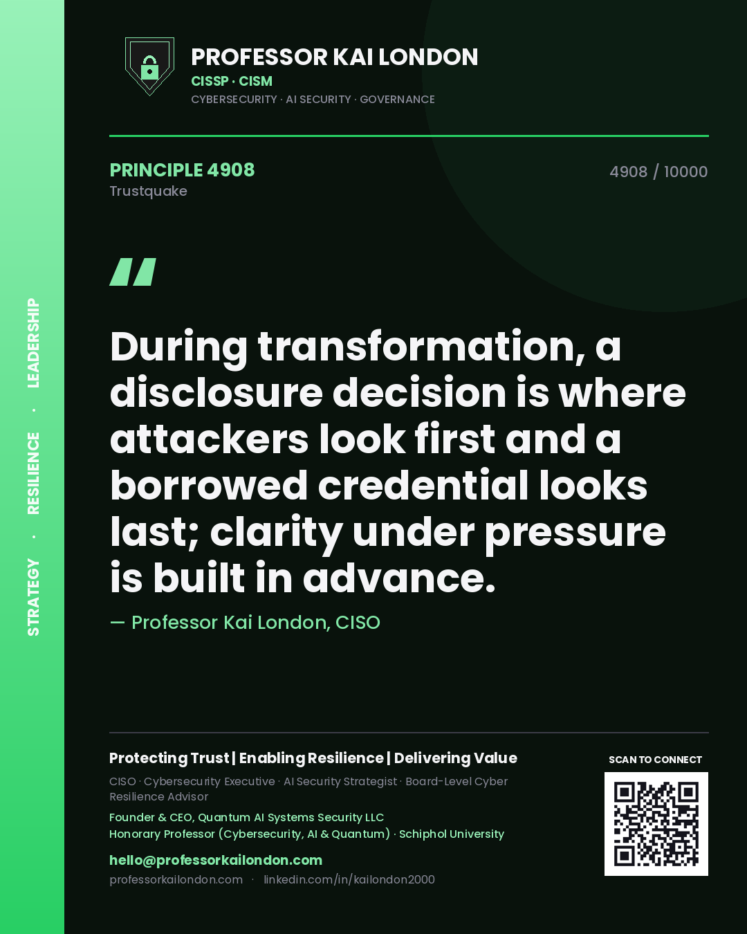 Quote card by Professor Kai London reading 'During transformation, a disclosure decision is where attackers look first and a borrowed credential looks last; clarity under pressure is built in advance.'. From the book Trustquake.