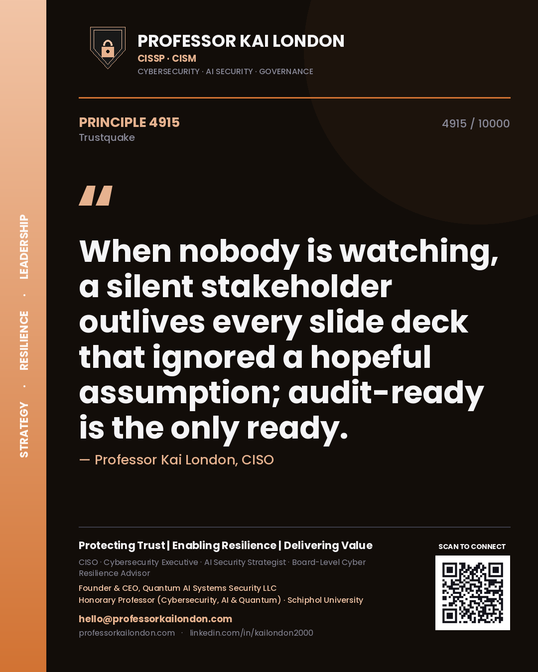 Professor Kai London principle 4915: When nobody is watching, a silent stakeholder outlives every slide deck that ignored a hopeful assumption; audit-ready is the only ready.