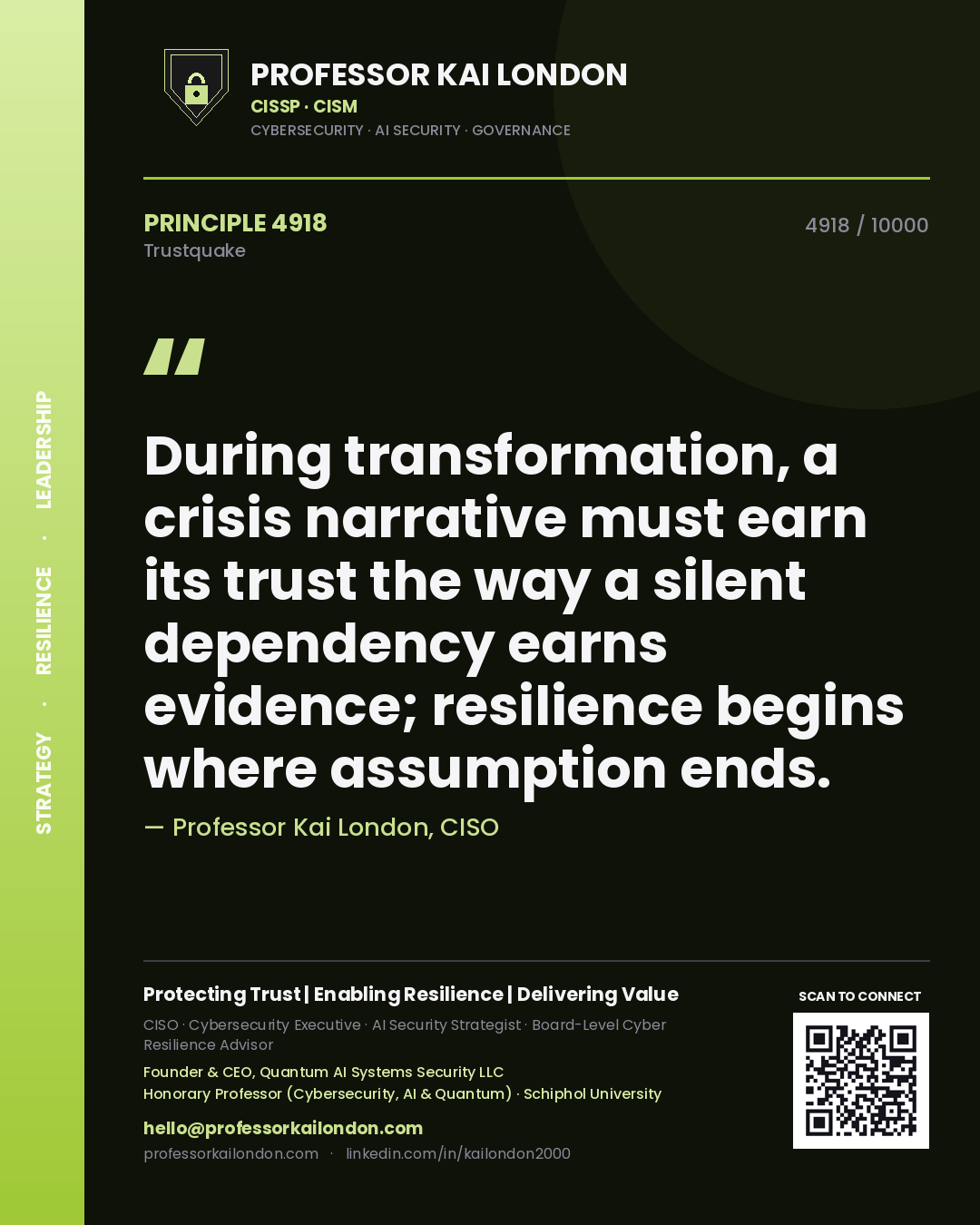 Professor Kai London principle 4918: During transformation, a crisis narrative must earn its trust the way a silent dependency earns evidence; resilience begins where assumption ends.