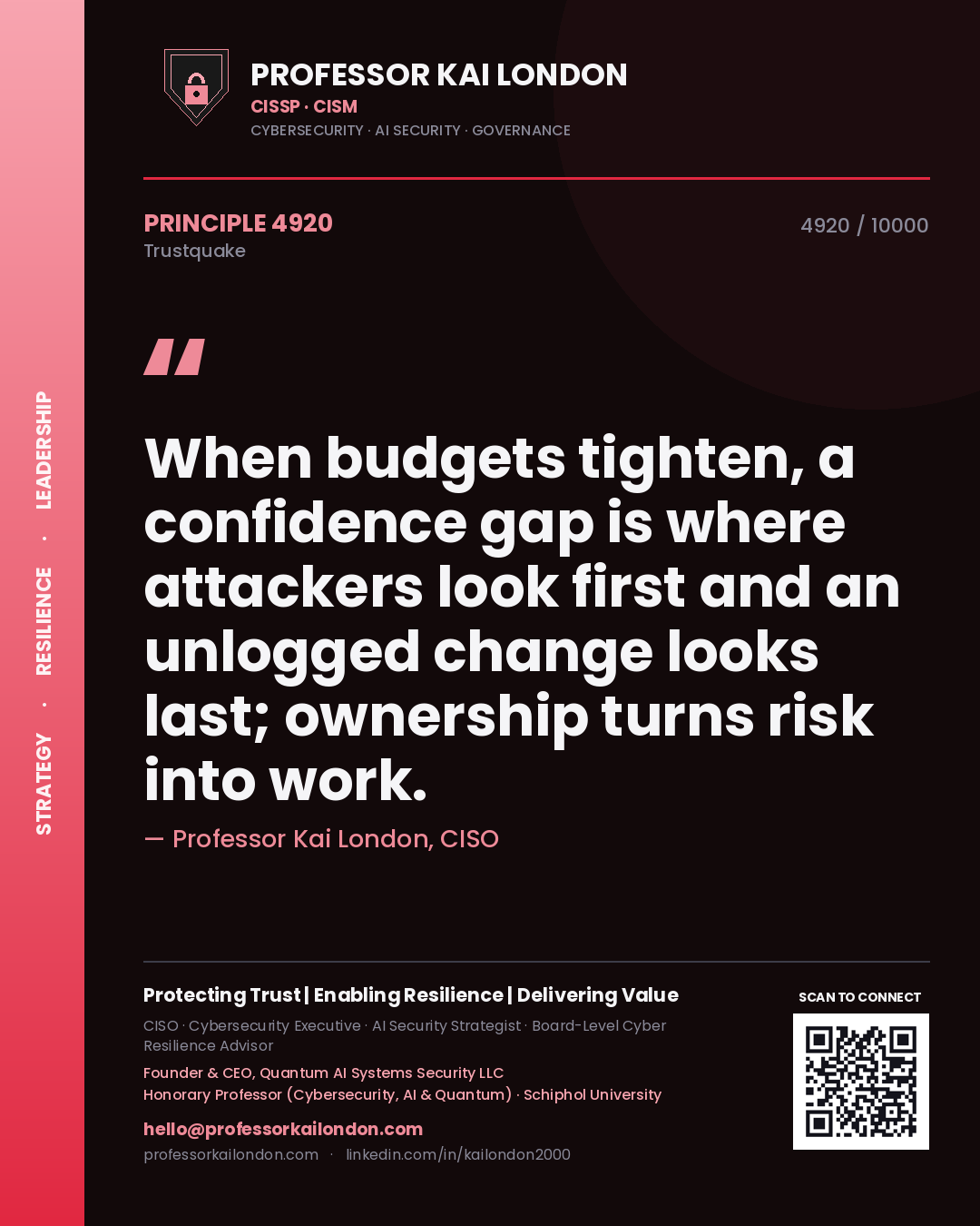 Professor Kai London principle 4920: When budgets tighten, a confidence gap is where attackers look first and an unlogged change looks last; ownership turns risk into work.