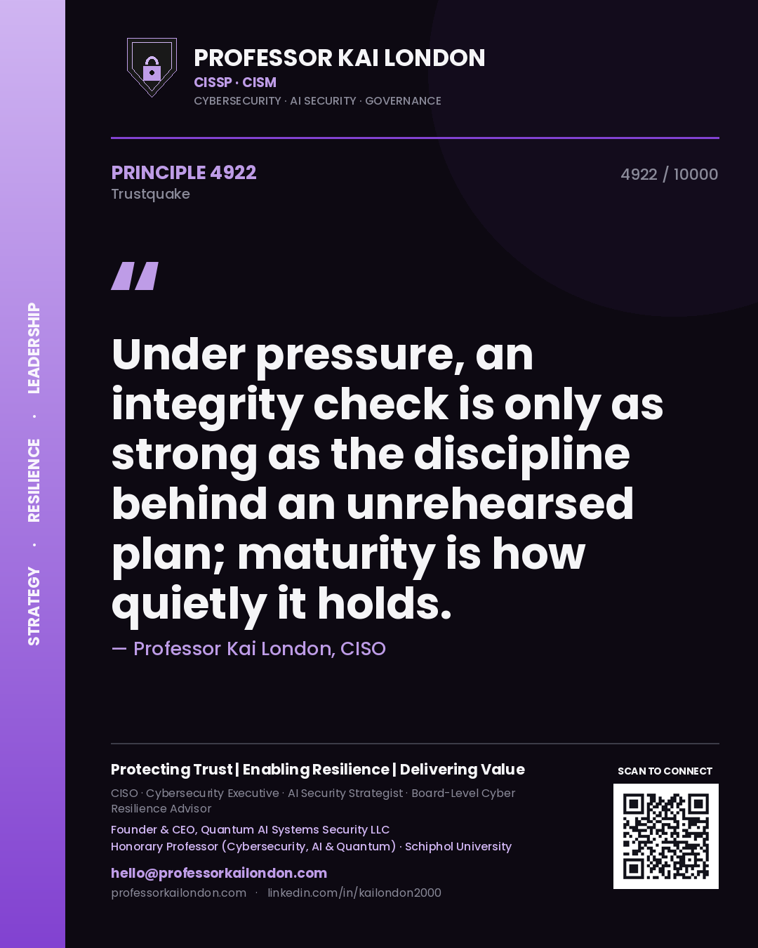Professor Kai London principle 4922: Under pressure, an integrity check is only as strong as the discipline behind an unrehearsed plan; maturity is how quietly it holds.