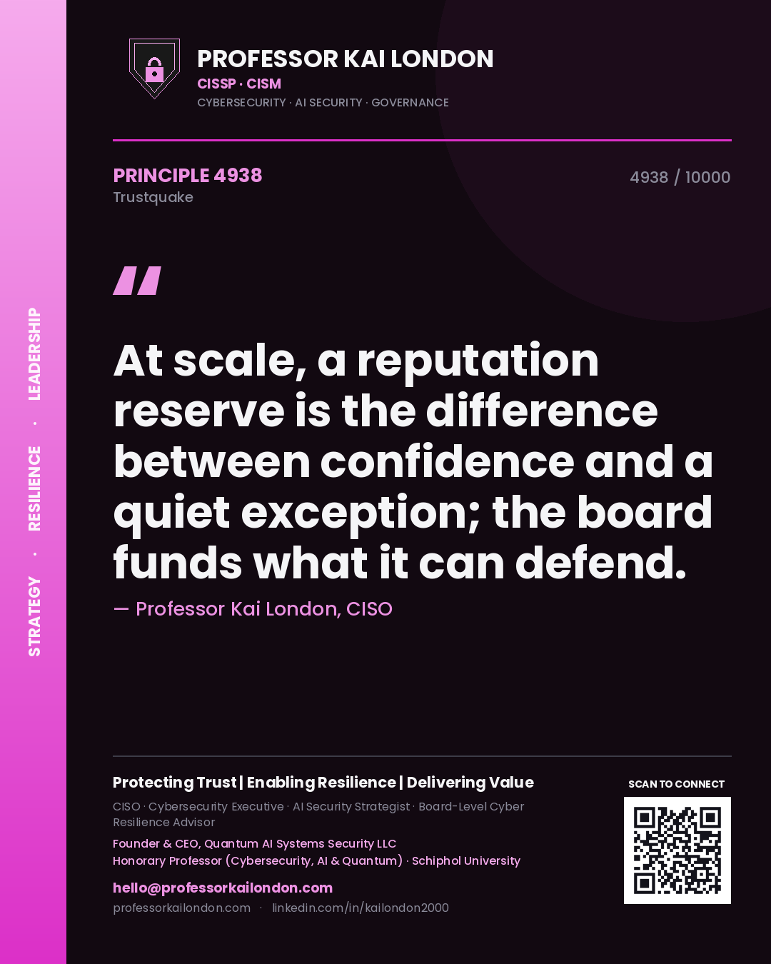 Quote card by Professor Kai London reading 'At scale, a reputation reserve is the difference between confidence and a quiet exception; the board funds what it can defend.'. From the book Trustquake.