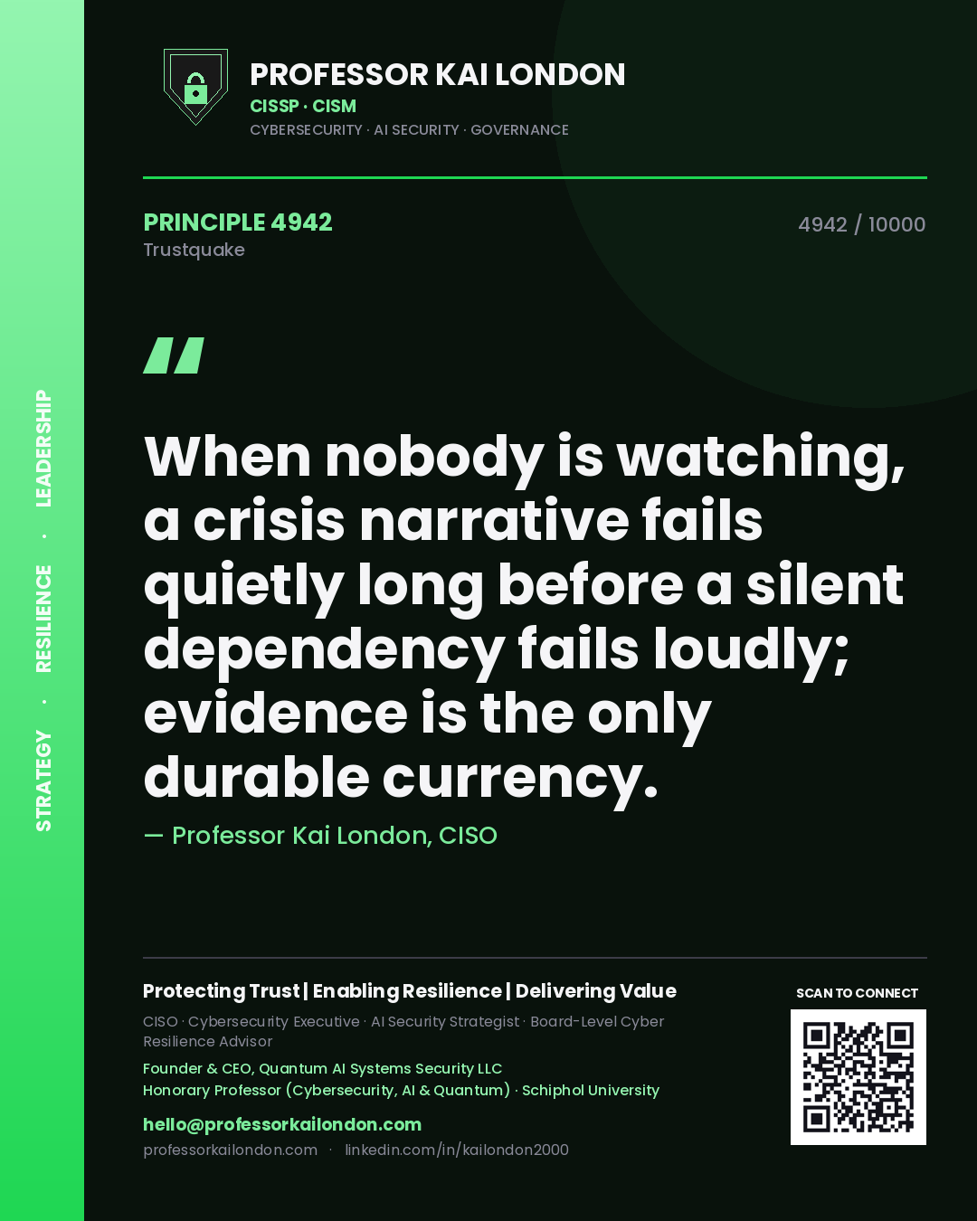 Professor Kai London principle 4942: When nobody is watching, a crisis narrative fails quietly long before a silent dependency fails loudly; evidence is the only durable currency.